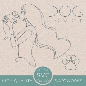 Amante dei cani una linea arte in formato SVG con un disegno di donna e un cucciolo, Ragazza e una zampa di cane mamma a linea singola, cuore d'amore dell'animale domestico, il mio cane è il mio San Valentino
