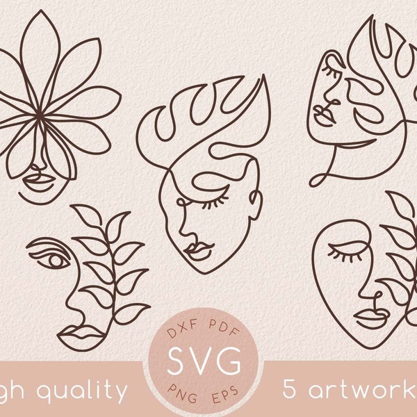 One line woman abstract face with tropical leaf svg drawing, Abstract beautiful leaves single line art clipart, Botanical print set wall art