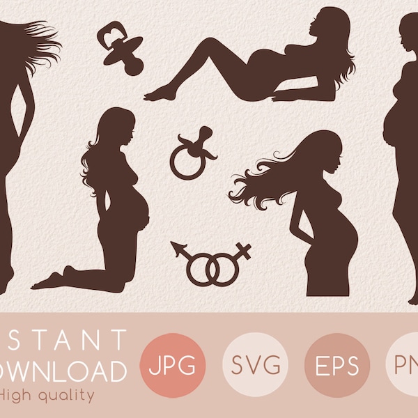 Silhouette de svg de grossesse, clipart enceinte de svg, attend nouveau-né, nouveau svg de maman, chignon dans le four, maternité, momlife, femme nue, svg de personnes