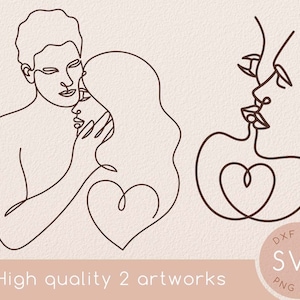 Una línea pareja beso svg conjunto de dibujo, Mujer cara abstracta, Abstracto minimalista femenino de una sola línea clipart, Arte de pared svg