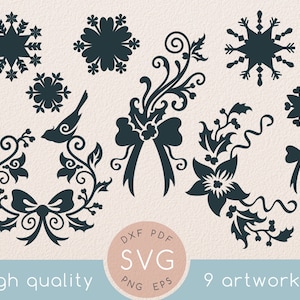 Merry Christmas Silhouette Bundle svg set, Dessin de houx et d’arc, Poinsettia, T-shirt de Noël, Flocon de neige, Ornements de Noël, Oiseau svg