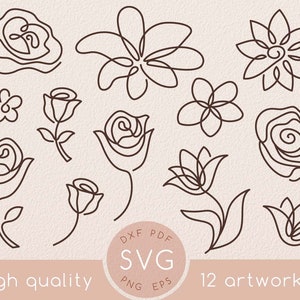 Conjunto de desenho svg de flor abstrata de uma linha, linda rosa minimalista abstrata, clipart de flores de arte de linha única, arte de parede, lírio, tulipa, rosas