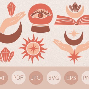 Belle illustration plate céleste svg fichier set, Boho lune et étoiles clipart, croissant de lune et soleil avec étoile svg, Cristal, Livre, Œil svg