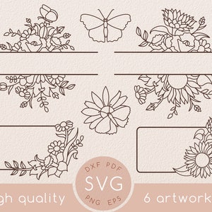 Dessin au trait Fleurs sauvages cadre floral svg set, Clipart fleur de pavot, Jardinage, Svg botanique avec papillon, Printemps, Tournesol, Marguerite, Jardin