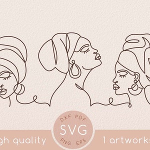 Afro kobieta svg, Jednoliniowy zestaw rysunków twarzy czarnej kobiety, Abstrakcyjna dziewczyna z profilu bocznego Afroamerykanki, pojedyncza linia sztuki clipart, Silna królowa afro