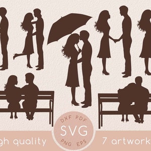 Paar Silhouette Bank Zeichnung svg, Happy Valentines Day Karte, T-Shirt Design Clipart, Frau Hubby Kuss, Laser cut Dateien Liebe dxf instant