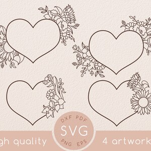 Dessin au trait Cadre de cœur de fleurs sauvages svg set, Fleur de pavot, Svg floral avec papillon, Mariage de printemps, Tournesol, Marguerite, Jardin, Saint-Valentin