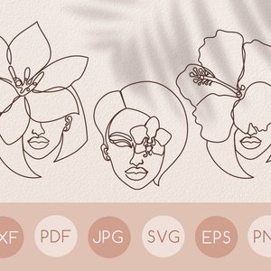 One line art woman face flower svg drawing, Abstract female floral single line art clipart, Beautiful hibiscus orchid lily people svg