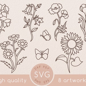 Jeu de svg wildflower de ligne, clipart de fleur de pavot, svg floral avec des papillons, mariage floral de printemps, tournesol, marguerite, jardin, papillon