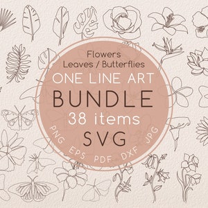 One line Flower Leaf Butterfly BUNDLE svg drawing, Floral tropical single line art, Botanical Leaves clip art, Wildflower Butterflies svg