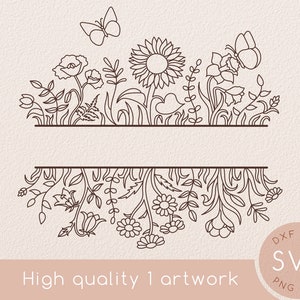 Dessin au trait Fleurs sauvages cadre floral svg set, Clipart fleur de pavot, Jardinage, Svg botanique avec papillon, Printemps, Tournesol, Marguerite, Jardin