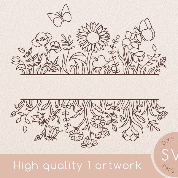 Line art Wildflower floral frame svg set, Poppy flower clipart, Gardening, Botanical svg with butterfly, Spring, Sunflower, Daisy, Garden