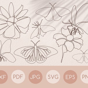 One line Butterfly Wildflower svg drawing set, Single line daisy flower clipart, Floral line art with butterflies, Spring Summer Garden svg
