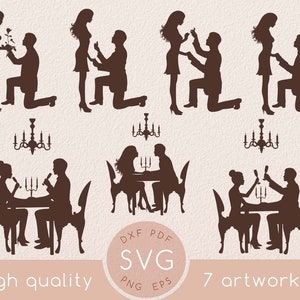 カップルのシルエット 婚約指輪の絵 SVG、ハッピーバレンタインデーカード、ロマンチックなプロポーズ、バラの花、Tシャツのデザイン、妻と夫