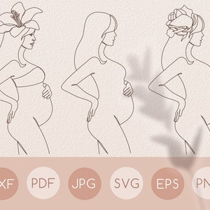 Mulher grávida de uma linha com desenho svg de flor, arte de linha única de maternidade, Lily, Rose, Dia das Mães, Gravidez, Nova Mãe, Expectando clipart