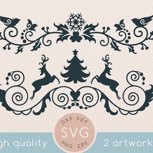 Joyeux Noël svg set, Dessin de houx et d’arc, Cerf, Arbre de Noël, Flocon de neige, Tourbillon, Ruban, Ornements de Noël, Bannière, Bordure, Oiseau svg
