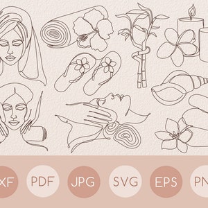 Zestaw rysunków spa One Line Art SVG, Klipart z grafiką Single Line Art w salonie kosmetycznym, Twarz kobiety, Masaż muszli bambusowej świecy SVG