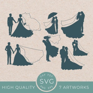 Conjunto de siluetas de boda de pareja svg, mujer novia, futura novia princesa para camisa, vestido de novia, invitación de aniversario de boda, te amo svg