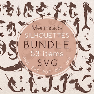 Mermaid silhouette BUNDLE svg clipart, Little mermaid woman svg clip art, Sea shell, Fish, Dolphin, Pregnant mom, Logo mermaid,Maternity svg