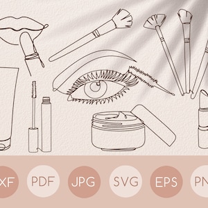 Una línea de cosméticos de arte svg set de dibujo, salón de belleza de una sola línea de arte clipart, maquillaje de logotipo, maquillaje de ojos, pestañas, pestañas, labios svg