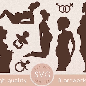 Conjunto de silhueta svg de gravidez de mulher afro, clipart svg grávida, esperando recém-nascido, mãe nova senhora svg, maternidade, vida materna, menina negra, pessoas