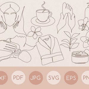 Zestaw rysunków spa One Line Art SVG, Klipart z grafiką Single Line Art w salonie kosmetycznym, Twarz kobiety i logo Masaż SVG, Kwiat botaniczny i herbata