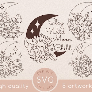 Celestial Line art with Wildflower svg set, Stay Wild Moon Child,Poppy flower with butterfly, Gardening, Sunflower, Daisy,Crescent moon,Star