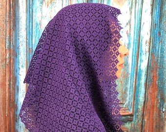 Head Covering, Scarf, Mantilla, Orthodox Veil, Scarves, Religious Covering, Purple Square Lace