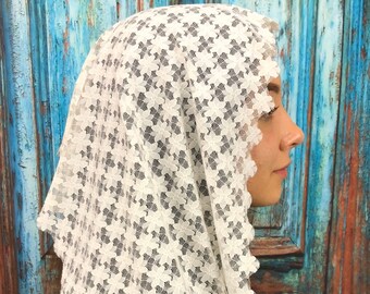 Mini Veil Chapel Veil Religious Headcovering,Ivory Women and Girls Vintage Lace,