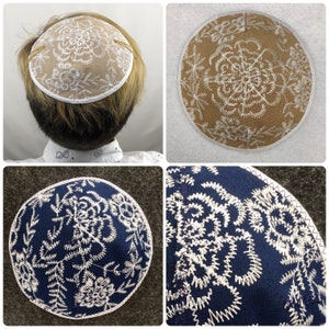 Blue Kippah, Beige Kippah, Kippot, Kippa, Yarmulke, Yamaka, Head Covering, Navy Blue or Beige with White  Floral Embroidery