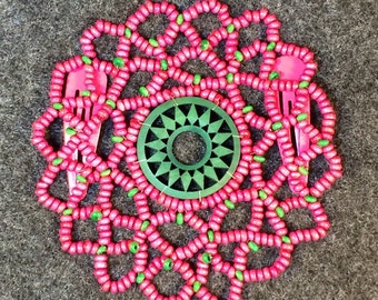 Beaded Kippah, Beaded Kippot, Womens Yarmulke, Kippa, Head Covering, Wooden Pink & Green Beads and Charm