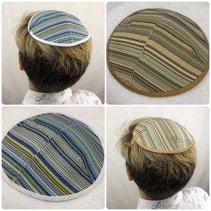 Kippah, Kippot, Kippa, Yarmulke, Yamaka, Head Covering, Blue or Beige Stripes