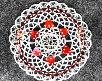 Beaded Kippah, Beaded Kippot, Womens Yarmulke, Kippa, Head Covering, White and Red Beads with Abstract Charm