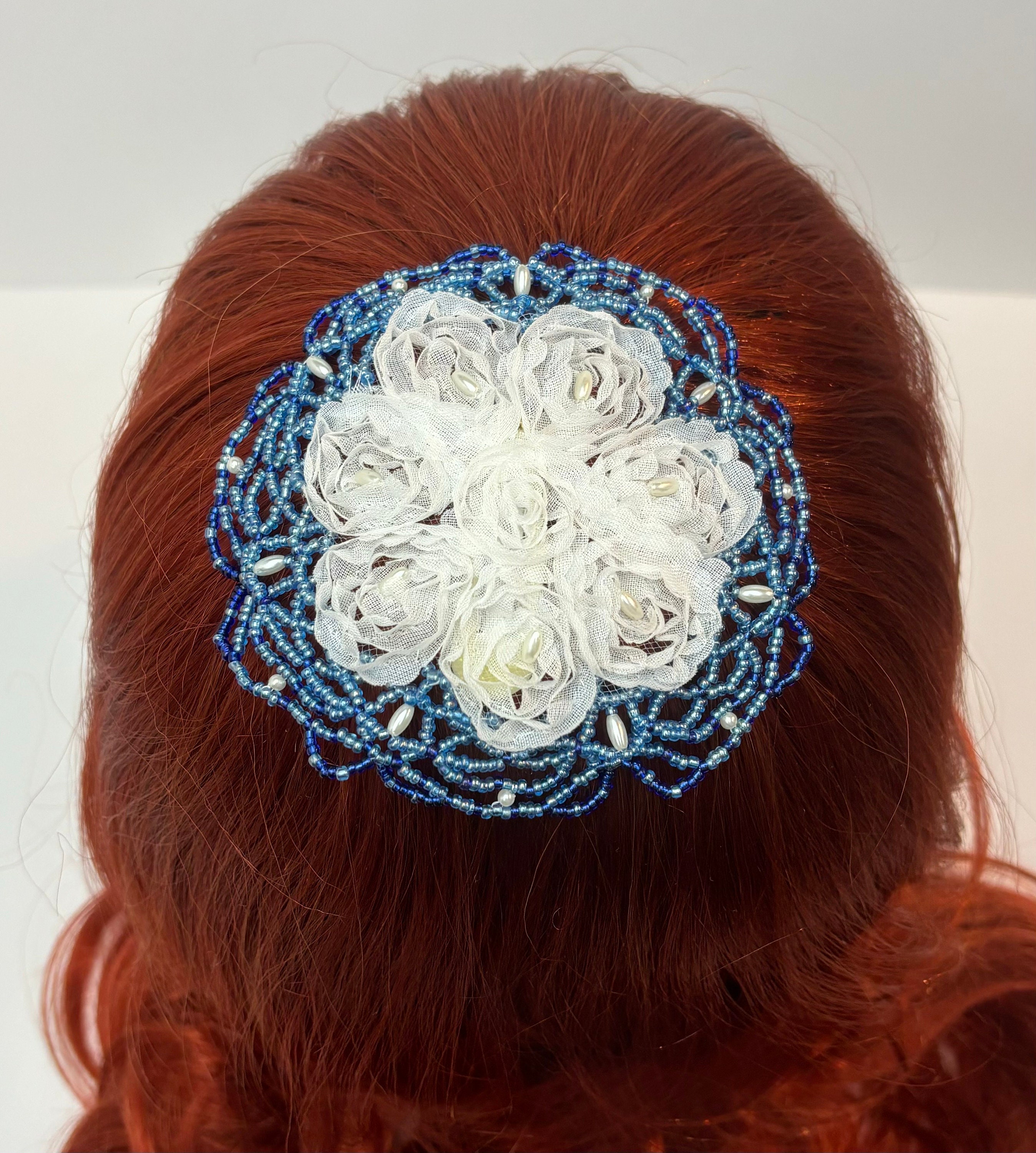 Beaded Kippah, Beaded Kippot, Womens Kippa, Yarmulke, Head Covering, White Lace Flower with White and Blue Glass Beads