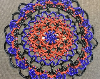 Beaded Kippah, Beaded Kippot, Womens Kippa, Yarmulke, Head Covering, Blue Red & Black Glass Beads