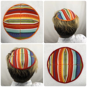 Kippah, Kippot, Kippa, Yarmulke, Yamaka, Head Covering, Multicolor Stripes with Red or Orange Trim