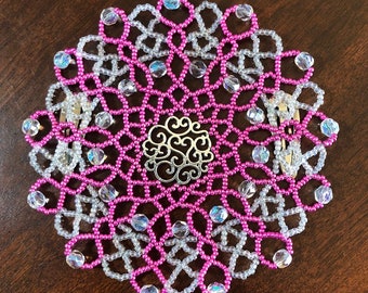 Beaded Kippah, Beaded Kippot, Womens Yarmulke, Kippa, Head Covering, Pink and Clear Iridescent Beads with Swirling Charm
