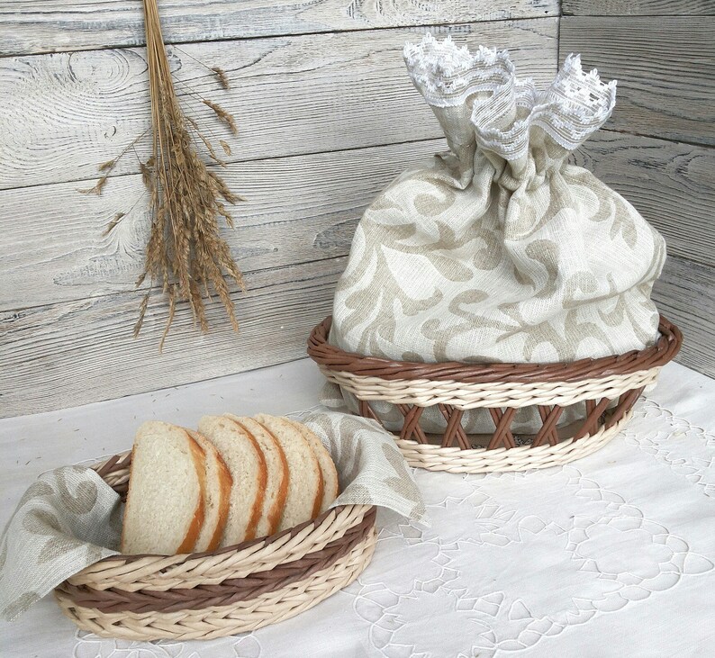 Linen bread bag Wicker bread serving basket Reusable bread Etsy