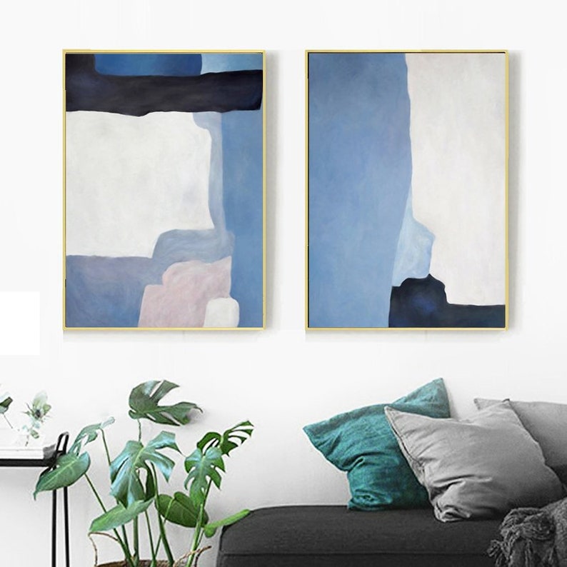 Large Abstract Wall Art Set of 2 Wall Art Blue Abstract Etsy