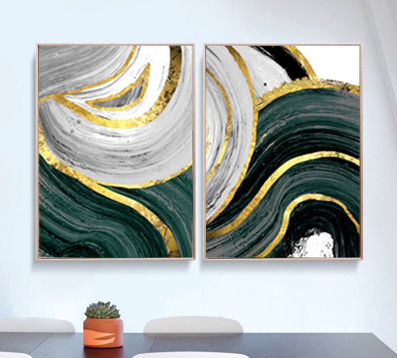 Set of 2 Royal Green Art Green Wall Art Large Gold Print Etsy
