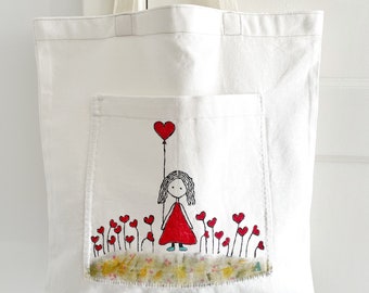 Tote bag de tela, Limited edition, Hecha a mano, Bolsa de tela, Pintada a mano, Bolsa corazones, Blanca, Bolsa de compra, Loneta