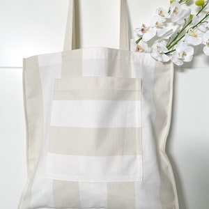 Sac shopper, édition limitée, sac d'été, tissu, plage, pour livres, fait main, style cabas, couleur blanc, rayé