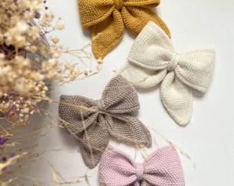 Hair clips, hair barrette, clip, bows, rubber, handmade, ponytail holder, color pink, white, gray, mustard, alpaca wool