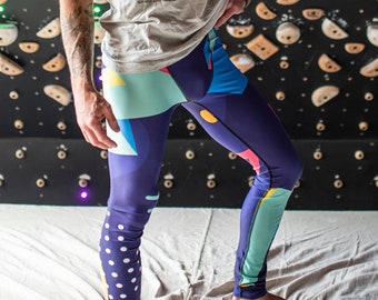 Purple and coral 90s unisex geometric design retro tights for climbing yoga fitness running cycling dancing ultimate frisbee and wrestling