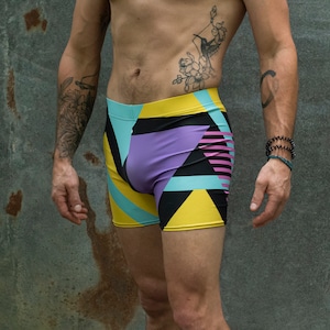 Bright neon geometric unisex retro SHORTS for climbing yoga fitness running cycling dancing ultimate frisbee and pilates