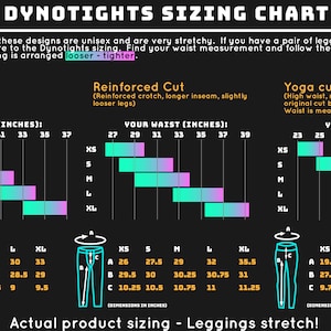 Op de afbeelding: Een maattabel voor leggings met drie verschillende snitten: origineel, versterkt en yoga. De tabel toont taillematen in inches en de bijbehorende maten voor elke snit. De tabel bevat ook een diagram van elke snit met de maten voor de binnenbeenlengte, de taille en de beenopening.