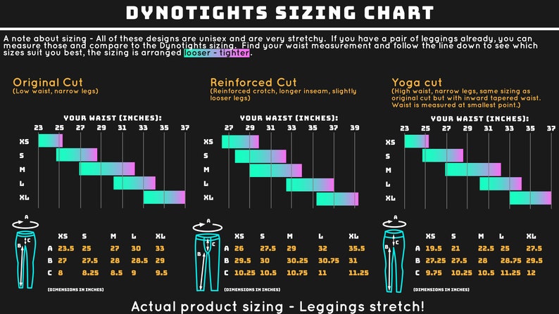 Op de afbeelding: Een maattabel voor leggings met drie verschillende snitten: origineel, versterkt en yoga. De tabel toont taillematen in inches en de bijbehorende maten voor elke snit. De tabel bevat ook een diagram van elke snit met de maten voor de binnenbeenlengte, de taille en de beenopening.
