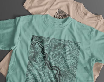 New River Gorge Topographic tee shirt - Dynotights Topo series; geometric terrain maps showing my favorite climbing and hiking travel spots