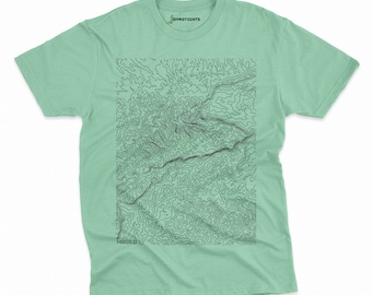 Margalef Spain Topographic tee shirt - Dynotights Topo series; geometric terrain maps showing my favorite climbing and hiking travel spots