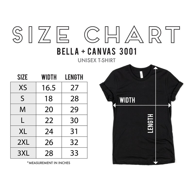 Pu&ograve; includere: Tabella delle taglie per t-shirt unisex Bella + Canvas 3001. La tabella mostra le misure in pollici per larghezza e lunghezza per le taglie XS, S, M, L, XL, 2XL e 3XL.